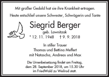 Traueranzeige von Siegrid Berger von  Camberger Anzeiger