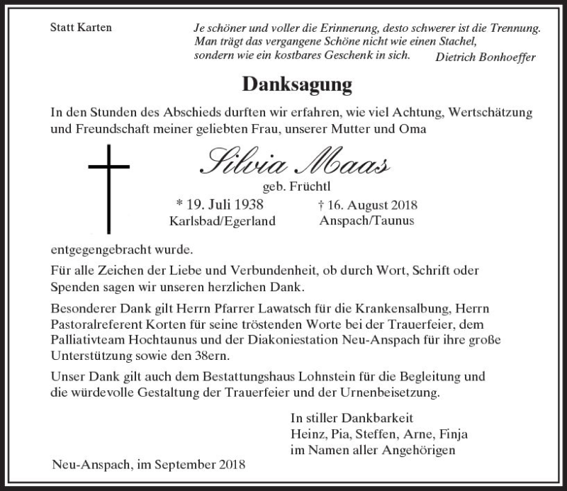  Traueranzeige für Silvia Maas vom 08.09.2018 aus  Usinger Anzeiger