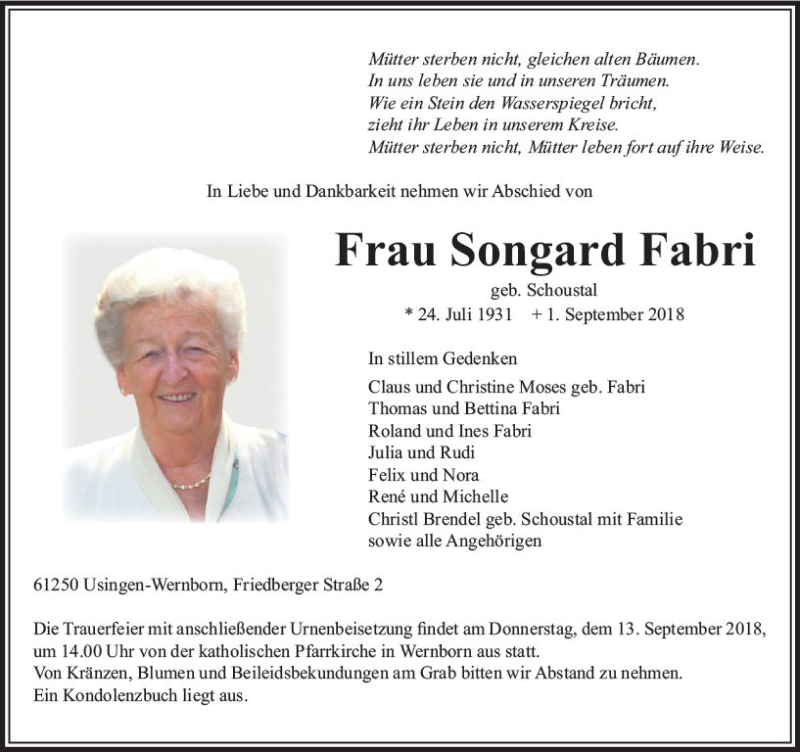 Traueranzeige für Songard Fabri vom 08.09.2018 aus  Usinger Anzeiger