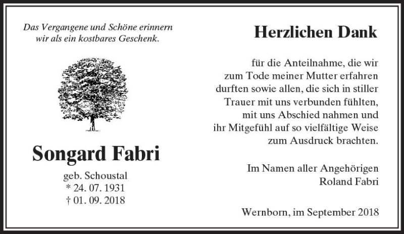  Traueranzeige für Songard Fabri vom 29.09.2018 aus  Usinger Anzeiger
