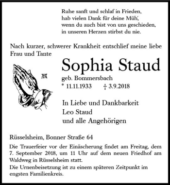 Traueranzeige von Sophia Staud von vrm-trauer