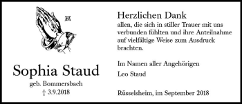Traueranzeige von Sophia Staud von vrm-trauer