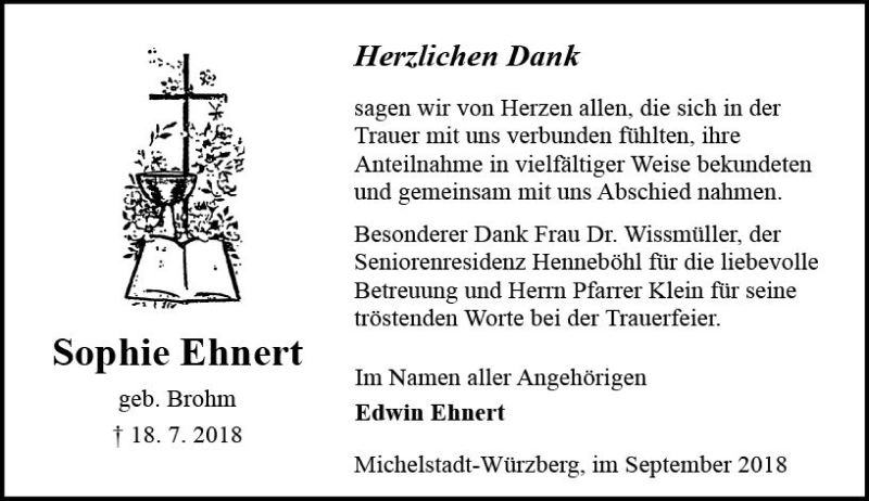  Traueranzeige für Sophie Ehnert vom 08.09.2018 aus vrm-trauer