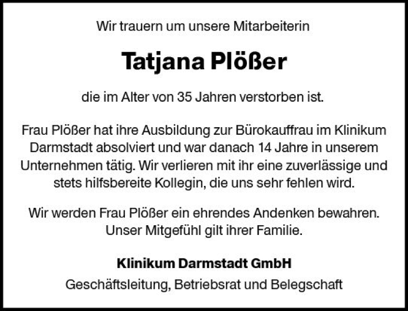  Traueranzeige für Tatjana Plößer vom 05.09.2018 aus vrm-trauer