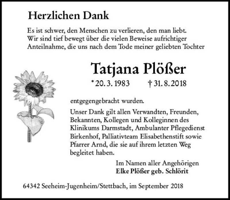  Traueranzeige für Tatjana Plößer vom 29.09.2018 aus vrm-trauer