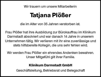 Traueranzeige von Tatjana Plößer von vrm-trauer