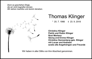 Traueranzeige von Thomas Klinger von vrm-trauer