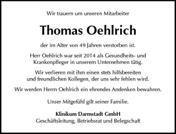 Traueranzeige von Thomas Oehlrich von vrm-trauer