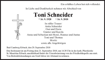 Traueranzeige von Toni Schneider von  Camberger Anzeiger