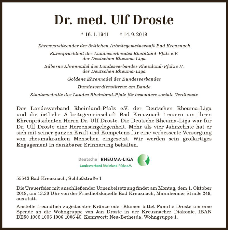  Traueranzeige für Ulf Droste vom 29.09.2018 aus vrm-trauer