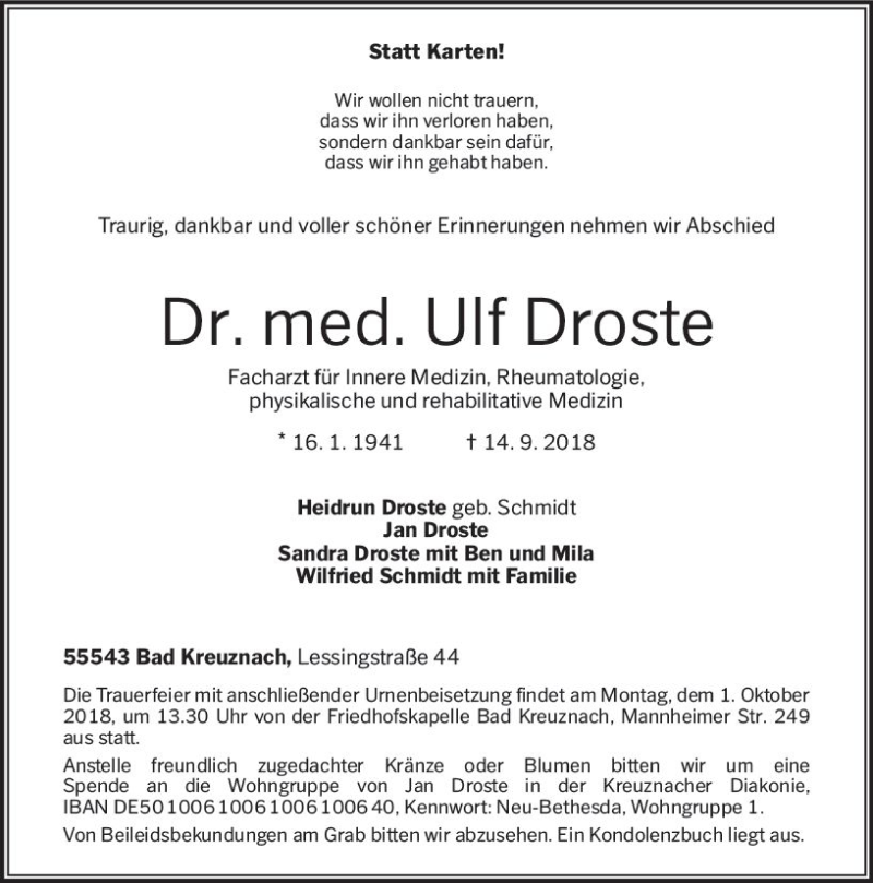  Traueranzeige für Ulf Droste vom 22.09.2018 aus vrm-trauer