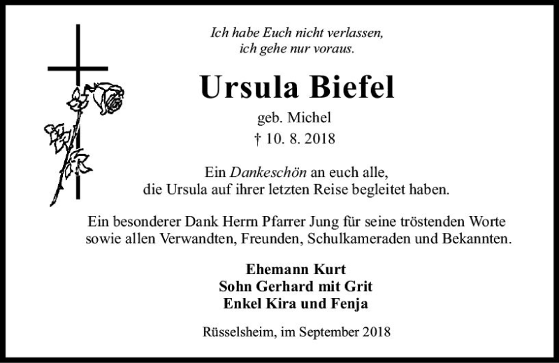  Traueranzeige für Ursula Biefel vom 08.09.2018 aus vrm-trauer