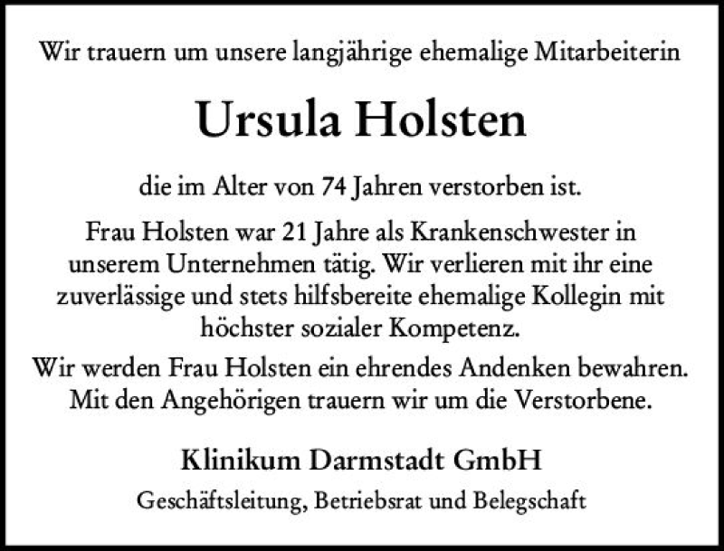  Traueranzeige für Ursula Holsten vom 29.09.2018 aus vrm-trauer