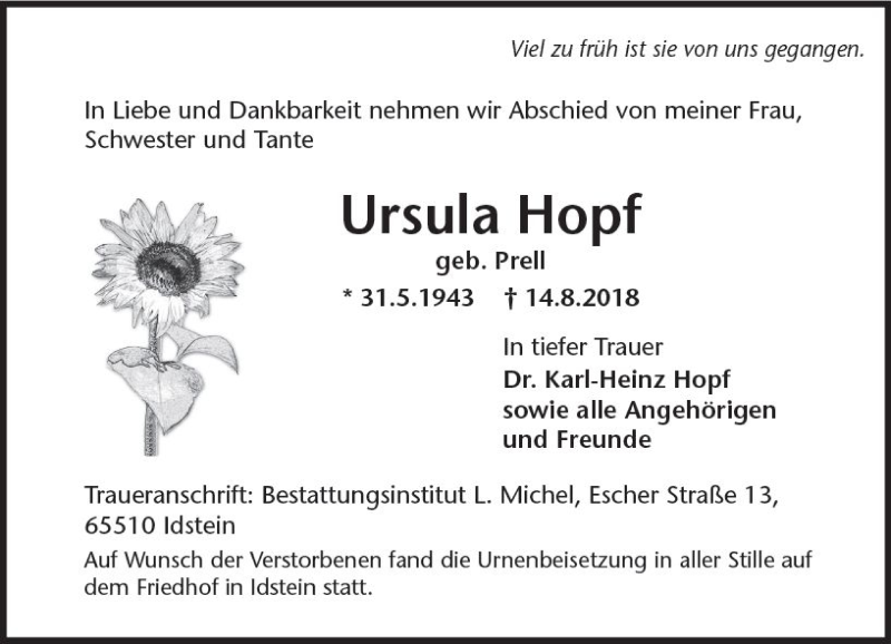  Traueranzeige für Ursula Hopf vom 15.09.2018 aus vrm-trauer