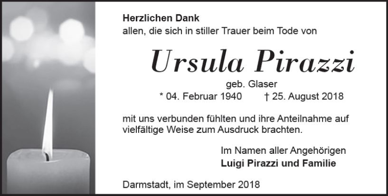  Traueranzeige für Ursula Pirazzi vom 15.09.2018 aus vrm-trauer