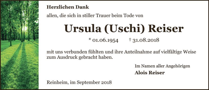  Traueranzeige für Ursula  Reiser vom 22.09.2018 aus vrm-trauer