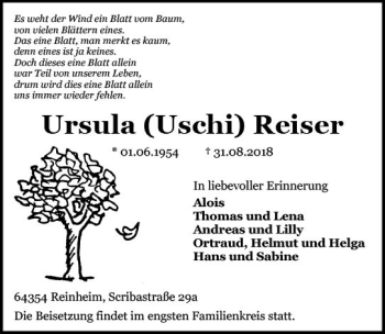 Traueranzeige von Ursula  Reiser von vrm-trauer