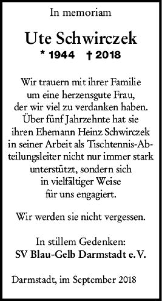  Traueranzeige für Ute Schwirczek vom 29.09.2018 aus vrm-trauer