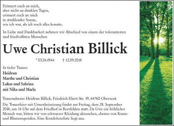 Traueranzeige von Uwe Christian Billick von vrm-trauer