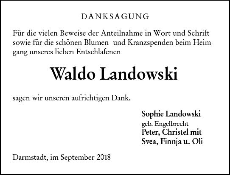  Traueranzeige für Waldo Landowski vom 08.09.2018 aus vrm-trauer