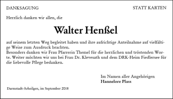 Traueranzeige von Walter Henßel von vrm-trauer