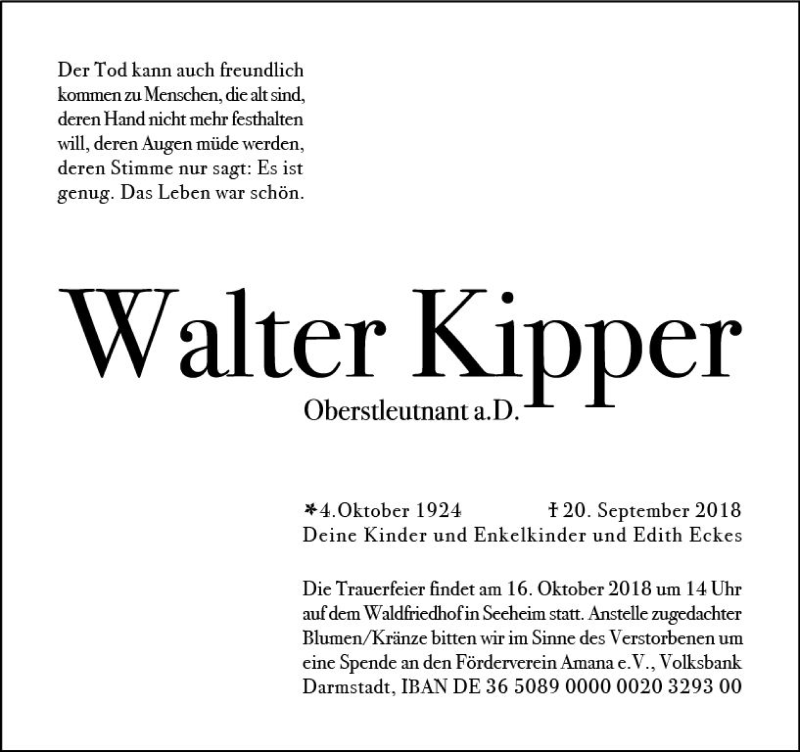  Traueranzeige für Walter Kipper vom 29.09.2018 aus vrm-trauer