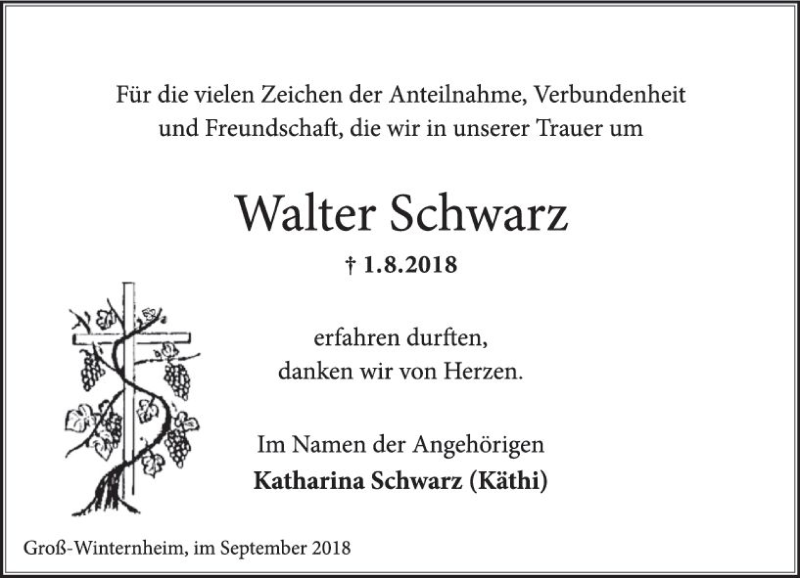  Traueranzeige für Walter Schwarz vom 15.09.2018 aus vrm-trauer
