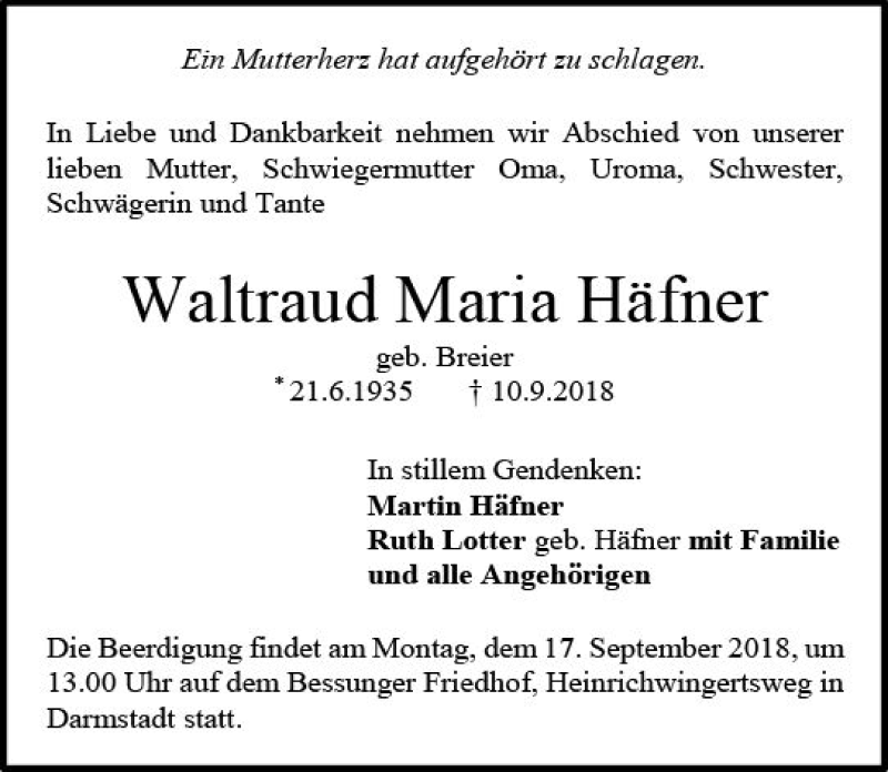  Traueranzeige für Waltraud Maria Häfner vom 15.09.2018 aus vrm-trauer