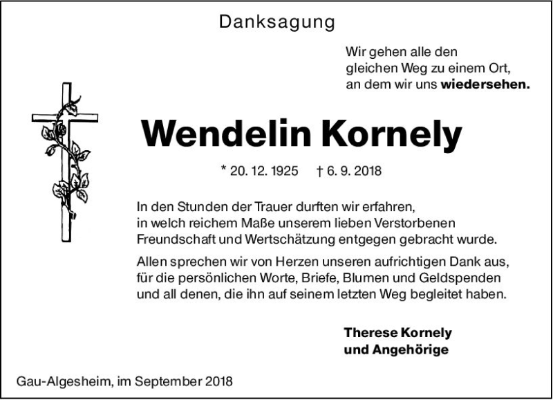  Traueranzeige für Wendelin Kornely vom 29.09.2018 aus vrm-trauer