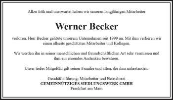 Traueranzeige von Werner Becker von vrm-trauer