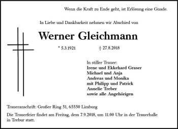 Traueranzeige von Werner Gleichmann von vrm-trauer