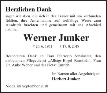 Traueranzeige von Werner Junker von  Kreisanzeiger
