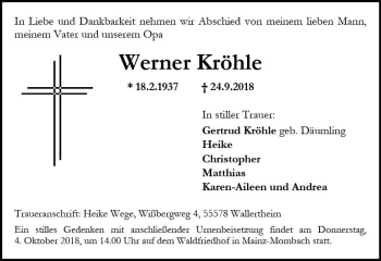 Traueranzeige von Werner Kröhle von vrm-trauer