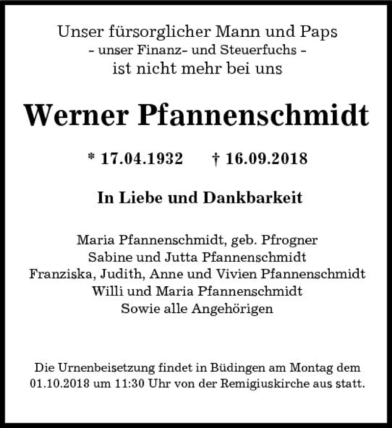  Traueranzeige für Werner Pfannenschmidt vom 26.09.2018 aus  Kreisanzeiger