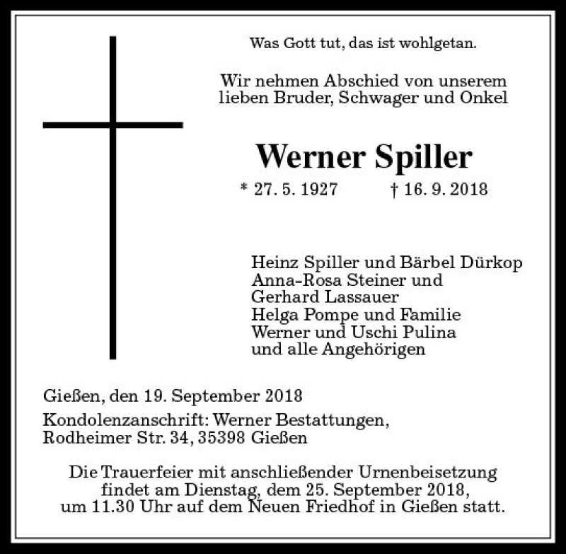  Traueranzeige für Werner Spiller vom 19.09.2018 aus  Gießener Anzeiger
