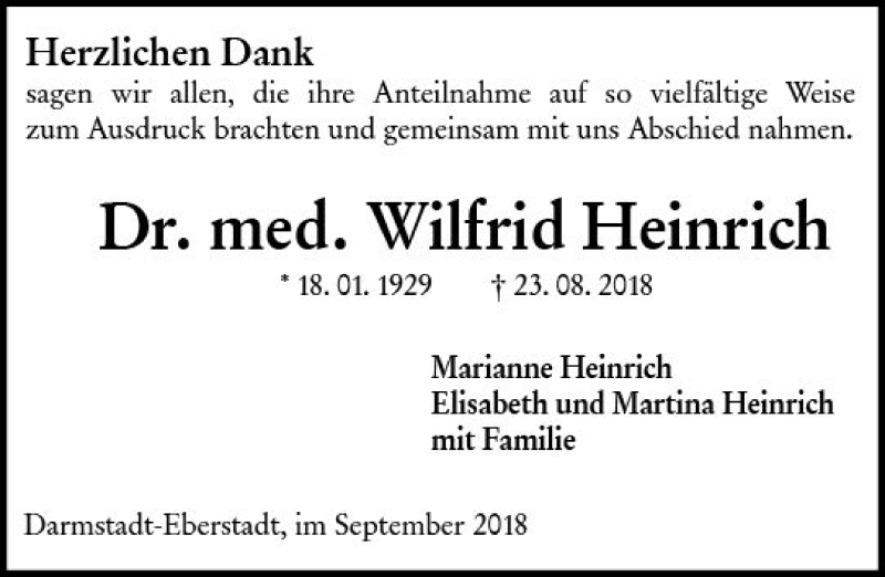  Traueranzeige für Wilfrid Heinrich vom 08.09.2018 aus vrm-trauer
