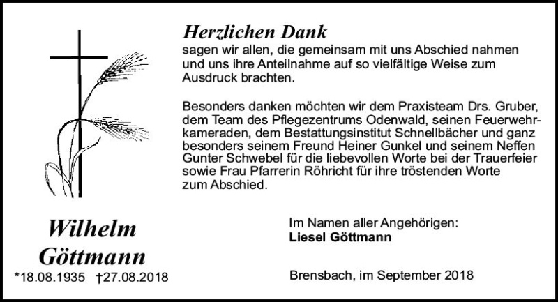  Traueranzeige für Wilhelm Göttmann vom 29.09.2018 aus vrm-trauer