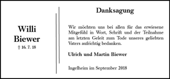 Traueranzeige von Willi Biewer von vrm-trauer