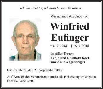 Traueranzeige von Winfried Eufinger von  Camberger Anzeiger