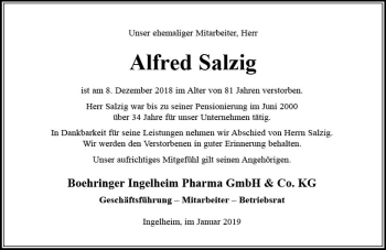Traueranzeige von Alfred Salzig von vrm-trauer