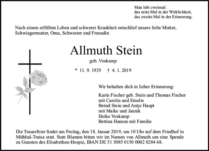  Traueranzeige für Allmuth Stein vom 12.01.2019 aus vrm-trauer