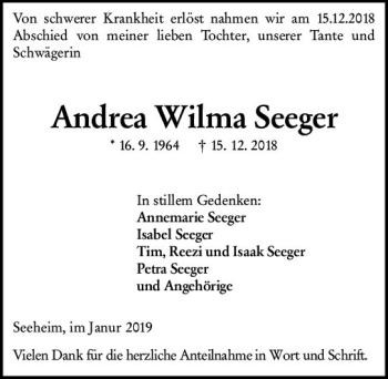 Traueranzeige von Andrea Wilma Seeger von vrm-trauer