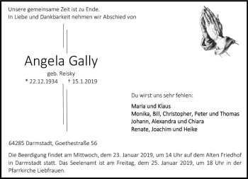 Traueranzeige von Angela Gally von vrm-trauer
