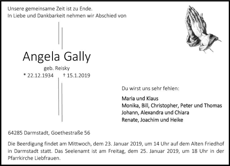  Traueranzeige für Angela Gally vom 19.01.2019 aus vrm-trauer