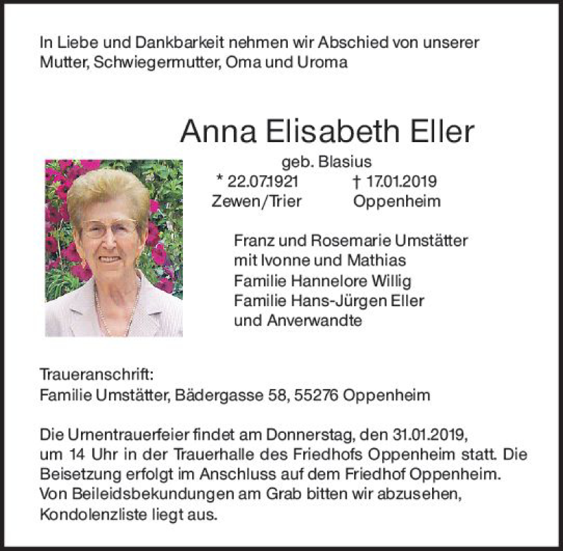  Traueranzeige für Anna Elisabeth Eller vom 26.01.2019 aus vrm-trauer