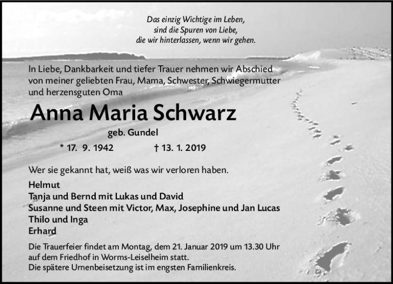  Traueranzeige für Anna Maria Schwarz vom 16.01.2019 aus vrm-trauer