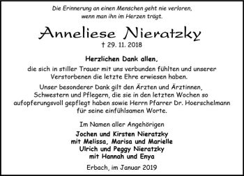 Traueranzeige von Anneliese Nieratzky von vrm-trauer