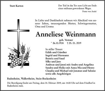 Traueranzeige von Anneliese Weinmann von vrm-trauer