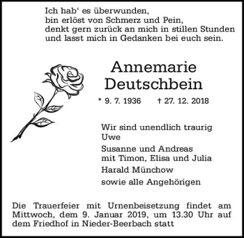 Traueranzeige von Annemarie Deutschbein von vrm-trauer