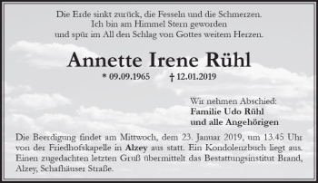 Traueranzeige von Annette Irene Rühl von vrm-trauer